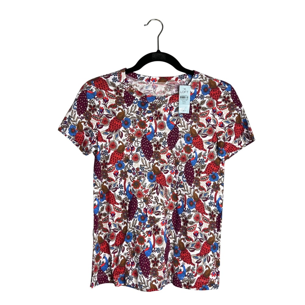 LOFT Cotton T-Shirt Sz XXS Petite Multicolor Peacock Floral Print Crew Neck NWT